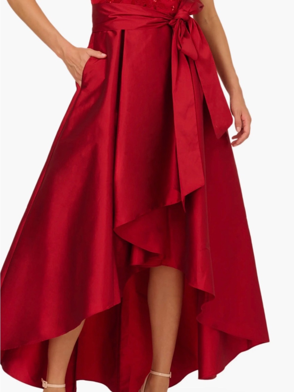 Adrianna Papell Ruby Red Satin High-Low Skirt with Waist Tie
